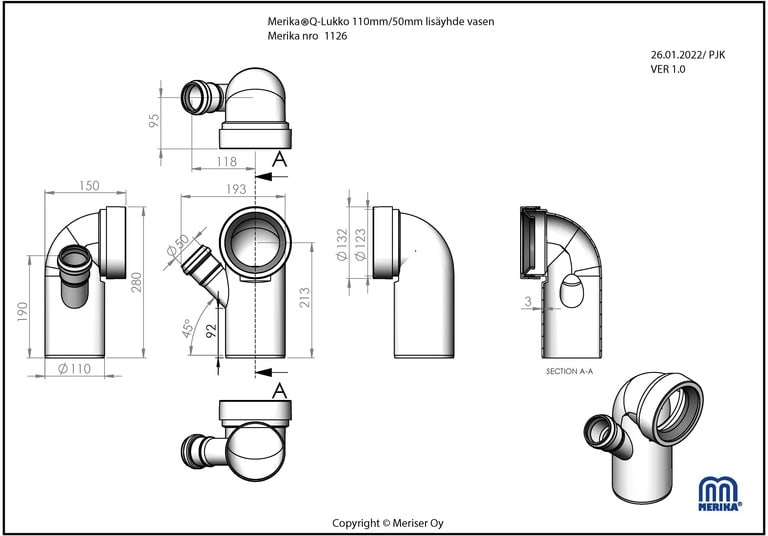 Merika WC-yhdyskappale 110/50, lisäyhde vasen, Q-lukko - Image 2