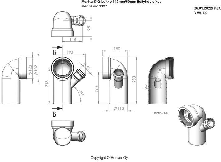 Merika WC-yhdyskappale, 110/50, oikea lisäyhde, Q-lukko - Image 2