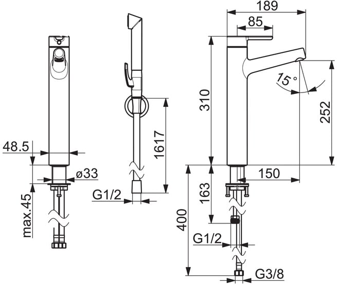 Oras Inspera 3002F pesuallashana – Krominen korkea hana, kiinteä juoksuputki, Bidetta-käsisuihku, G3/8 liitäntä - Image 2