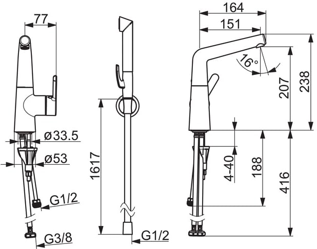 Oras Inspera 3008F allas-hana - Kromi, kääntyvä juoksuputki, Bidetta käsisuihku, G3/8 liitäntä - Image 2