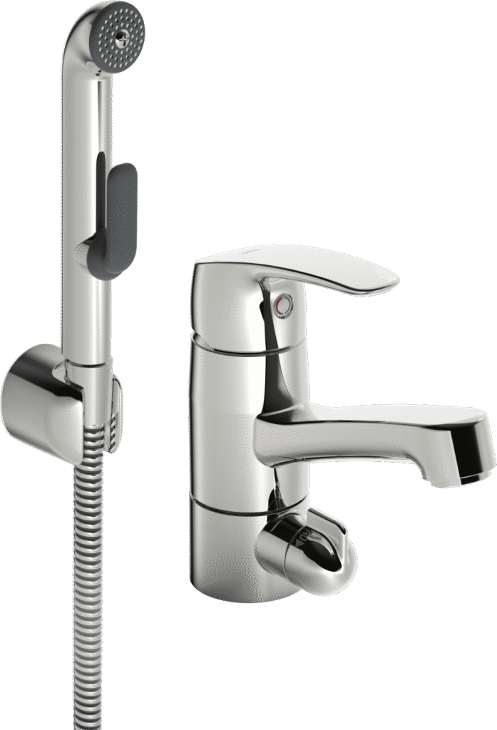 Oras Safira 1014F pesuallashana – Kääntyvä juoksuputki, pesukoneventtiili, Bidetta käsisuihku, kromattu, G3/8 liitäntä