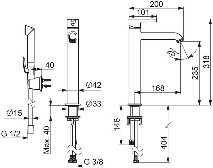 Oras Optima 2602FH pesuallashana – Kromihana, pitkä puikkomainen vipu, Bidetta-käsisuihku, kiinteä juoksuputki, joustavat kytkentäputket, G3/8 liitäntä - Image 2