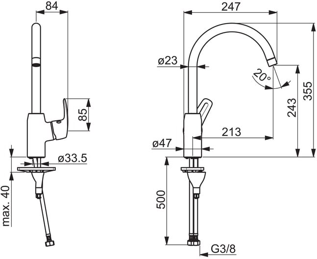 Oras Safira 1028F keittiöhana – Kromattu, korkea kaareva juoksuputki, pesualtaaseen asennettava, 3/8" liitäntä - Image 2