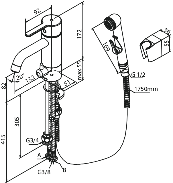 Damixa Silhouet Pesuallashana bidevarustein ja pesukoneventtiilillä, mattamusta - Image 2