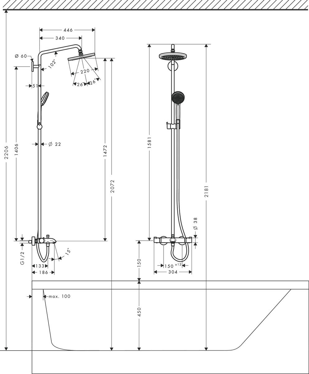 Amme- ja suihkuhana Hansgrohe Croma 220 Showerpipe Air 1jet 27868000 JA korotuspala 95239000 7mm silloin kun käytetään sulullisia hanaliittimiä. - Image 3